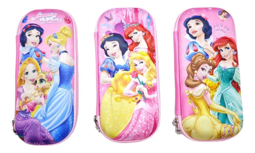 3 Pzas Estuche Para Lápices Lapicera 3d Escolar Princesas Rosa Princesas