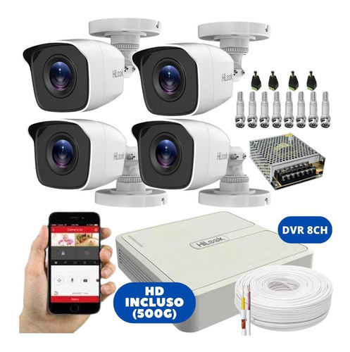 Kit Cftv Hilook 4 Câmeras B 720p Com Dvr 8 Canais E Hd 500gb