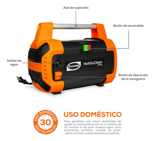 Hidrolavadora Hobby Clean Evans 1.6kw 1900psi 120v 2hp 6lpm Color Naranja Frecuencia 60hz
