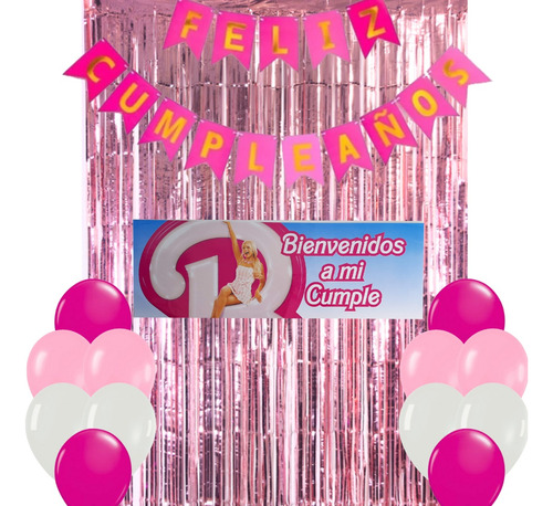 Combo Kit Cumple Barbie Cortina Banderin Globos Rosa Pink