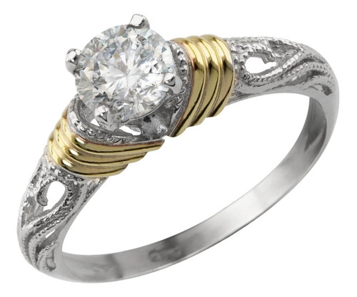 Imagen 1 de 7 de Anillo Solitario Plata Y Oro Cintillo Antiguo Compromiso