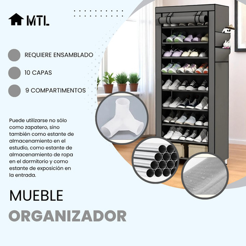 Zapatero Organizador Mtl Portatil Plegable 9 Estantes Color Gris Multiuso
