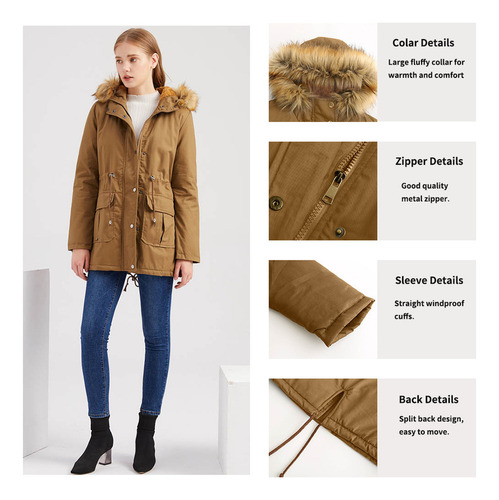 Abrigo Cálido Con Cuello Piel Y Capucha Invierno For Mujer