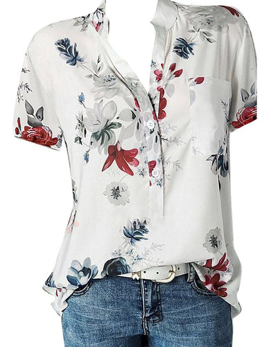 Camiseta Verano Para Mujer Cuello V Estampado Flor Bolsillo