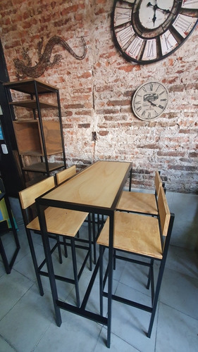 Mesa Barra Desayunador Industrial 120x40 + 4 Taburetes 36x36