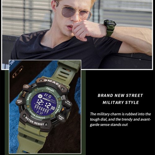 Relógio digital impermeável de luxo Smael para pulseira verde masculina