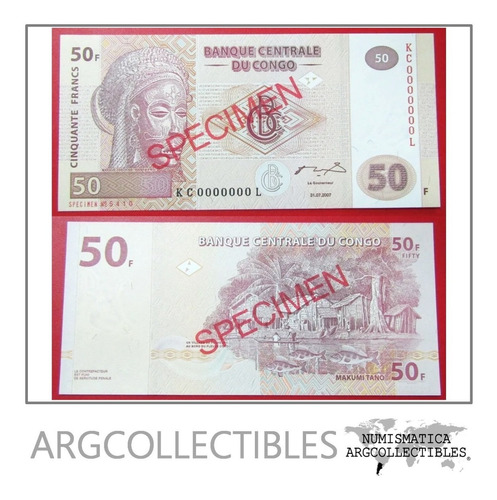Congo Billete 50 Francos Año 2007 Specimen Pick 97s Unc Sin Circular