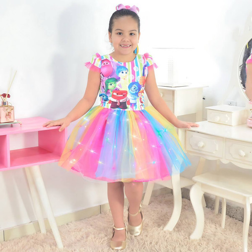 Vestido Divertida Mente 2 Saia Tutu Colorido Com Led