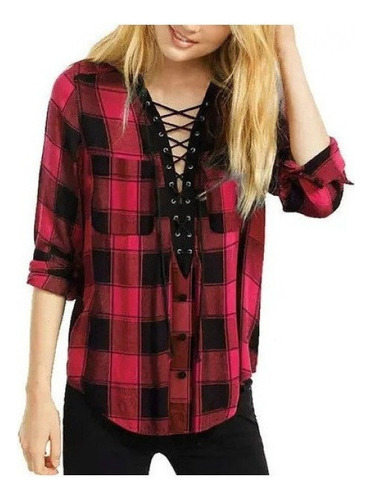 Blusa De Mujer Manga Larga A Cuadros Con Cuello En V Suelta