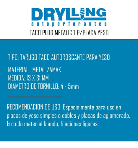 Tarugo Tirafondo Autoroscante Metalico Para Yeso Bolsa X25
