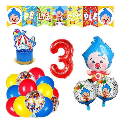 Combo Globos Payaso Plim Plim Banderin Numero Toppers 01