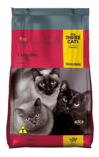 Ração Gatos Three Cats Original Castrados Carne 3kg