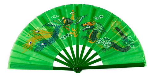 Leque Oriental Com Desenho De Dragão E Fênix Verde