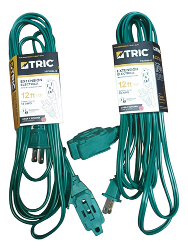 Extensión Eléctrica Color Verde 12ft. Cable 2x18awg. 3 Tomas