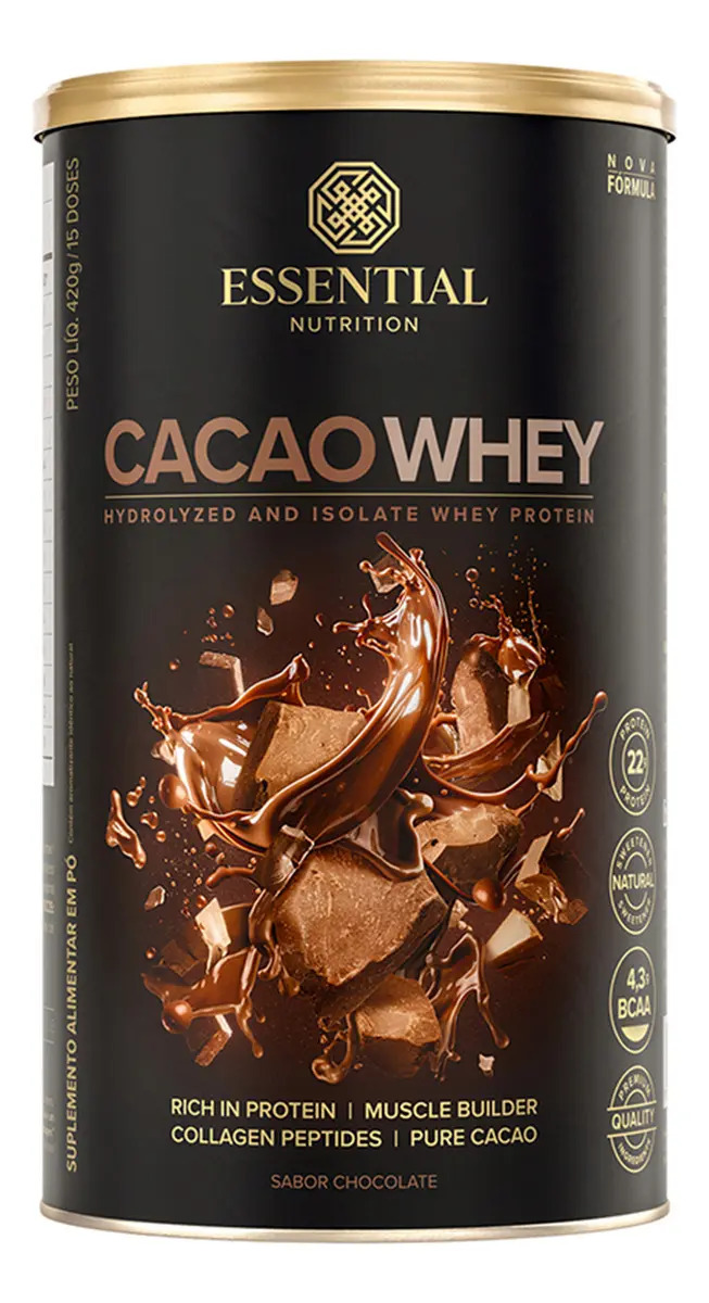 Suplemento em pó Essential Nutrition Cacao Whey sabor Chocolate em lata de 420g
