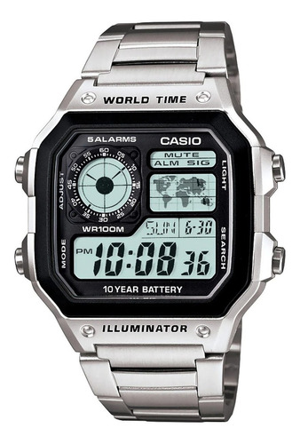 Reloj Casio Ae1200 Metal Mapa Mundial Full Correa Plateado Bisel Plateado Fondo Negro