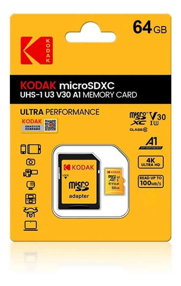 Tarjeta MicroSDXC Kodak de 64 GB con Adaptador SD, Clase 10 para Cámaras y Drones