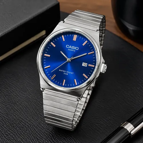 Casio Vintage Relógio Casio Vintage Unissex Redondo Azul Em Aço Prateado Prateado