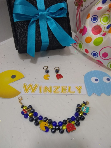 Divertida Pulsera Con Aretes De Pacman Con Caja De Regalo!!