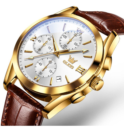 Relojes Olevs Three Eyes Chronograph Quartz Para Hombre Color Del Fondo Gold/white