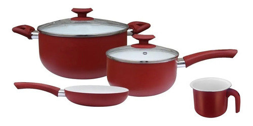 Set Bateria X4 Porcelana Rojo Cerámica Jarro Sarten 24 Cm Tv