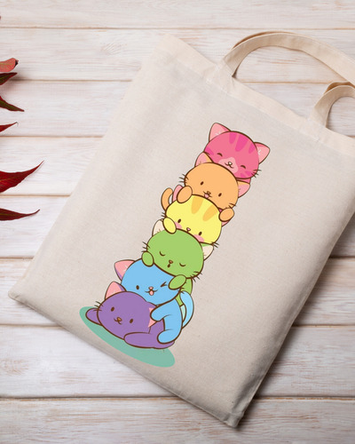 Tote Bag Tela Lienzo Estampado De Gatitos De Colores 40x35cm Beige Gatitos