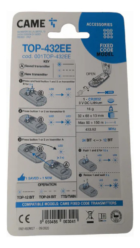 Kit 5 Control Remoto Came 001top 432ee 433mhz 2ch