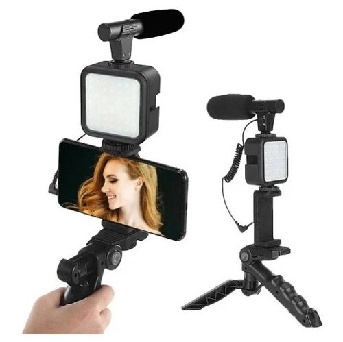 Soporte Tripode Celular + Micrófono Y 3 Luces Led Kit Vlog