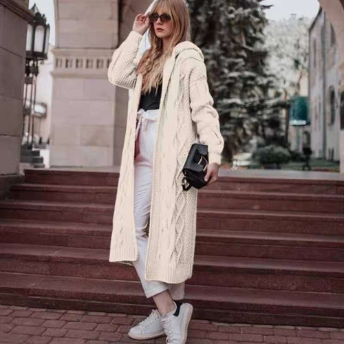 Zmshop Solid Color Loose Long Hooded Knit Cardigan