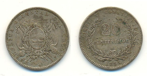 Uruguay 20 Centesimos 1893 Plata  Mb+