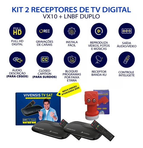 2 Receptores Vivensis Vx10 Sem Mensalidade + 1lnb Duplo Preto