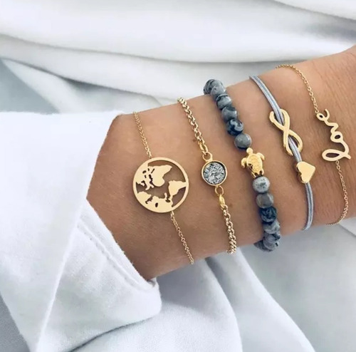 Pulseira 5 Peças Dourada Love Infinito Tartaruga L2258