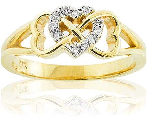 10k Sólido Amarillo Diamante Triple Anillo Infinito Corazón 