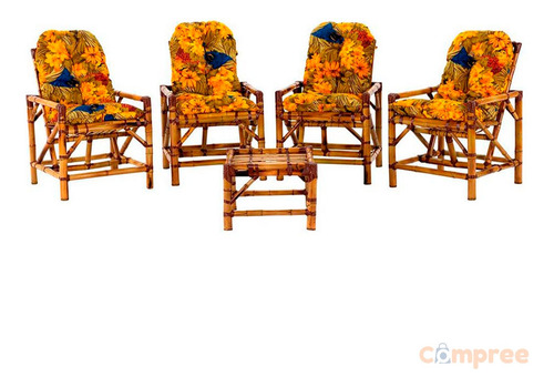 Conjunto De Bambu Cadeiras Soltas 4 Lugares E Mesa Almofadas