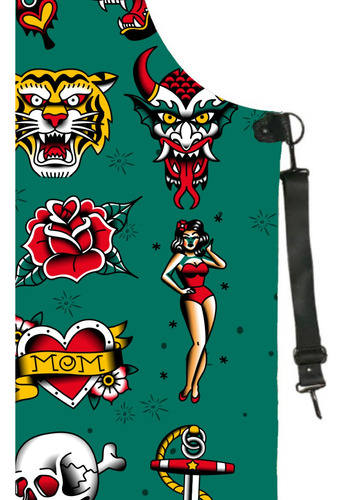 Mandil Tatuajes Delantal Bartender Parrillero Pineapple Tool Color Verde Oscuro