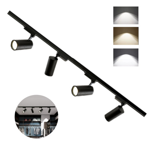 Iluminación De Riel Led De 4 Luces Luz Giratorios 2m Estructura Negro