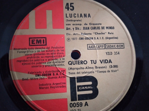 Vinilo Single De Luciana Quiero Tu Vida(x4