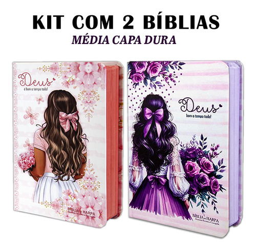 Kit 2 Biblias Sagrada - Palavra De Jesus Em Vermelho -capa Dura Média Flores Aquarela E Menina Lilás C/ Harpa, De João Ferreira De Almeida., Vol. 2. Editorial King'cross, Capa Dura Em Português, 2025
