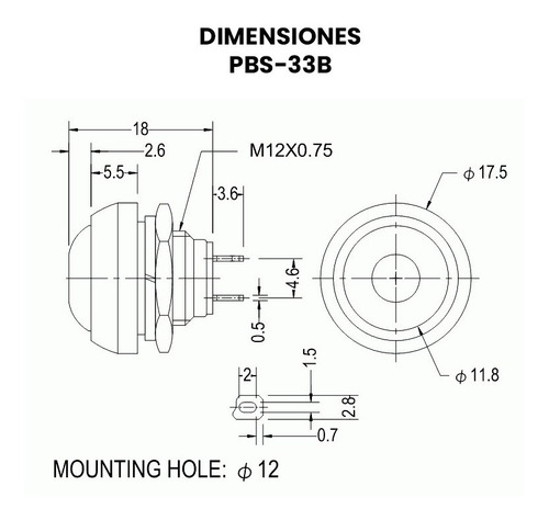 10 Piezas - Pbs-33b Mini Push Button Boton Contra Agua 12mm Color Negro