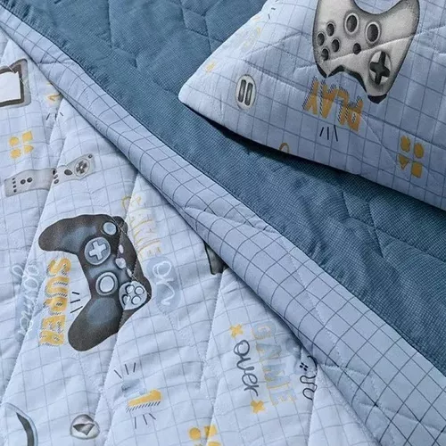 Edredom de jogos para meninos e adolescentes jogo de cama completo,  conjunto de edredom gamer infantil jogo decoração de quarto, luzes neon  gamepad edredom inserção hexagonal reversível edredom com 2 fronhas, roxo