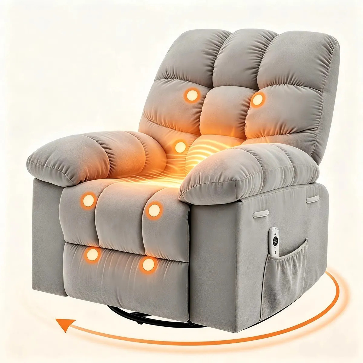 Poltrona Reclinável Massageadora Aquecimento 8 Pontos Vibratório USB Balanço 360 Giro Cinza Presente para Pais Relaxamento Conforto Espuma Alta Resiliência Tecido Respirável Poltro