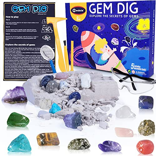 Edola Toy Fossil Dig Kit, Dig Para 12 Real Gemstones Set, Ju