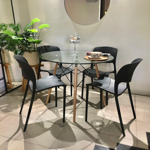 Juego Comedor Mesa Eames Redonda Vidrio + 4 Sillas Torino Color Negro