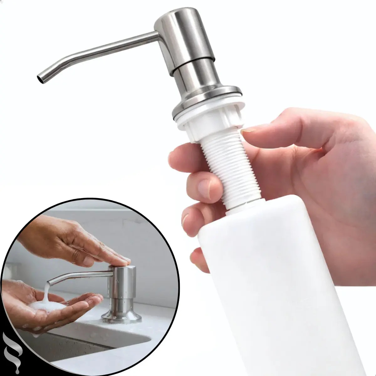 Dispenser Detergente Porta Sabonete Liquido Aço Inox 300ml Pia Cuba Embutir Para Cozinha Dosador Sabão Reservatório Escovado - Softinox