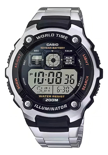 Reloj Casio Digital 10y Ghiberti Ae2000wd1avcf Correa Plateado Bisel Plateado Fondo Negro