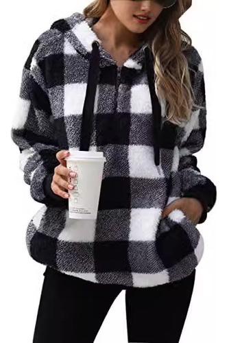 Moletom Com Capuz De Pelúcia Xadrez Feminino - Confortável