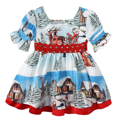 Vestido De Niña Con Estampado De Papá Noel Falda Con Laz