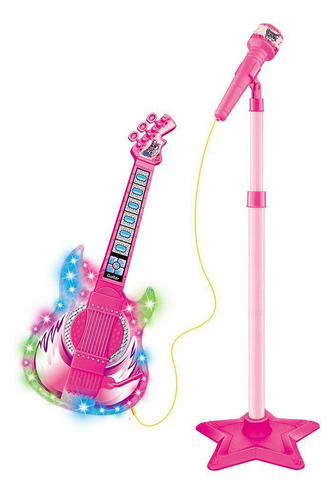 Guitarra Com Microfone E Pedestal Brinquedo Com Luz Som Rosa