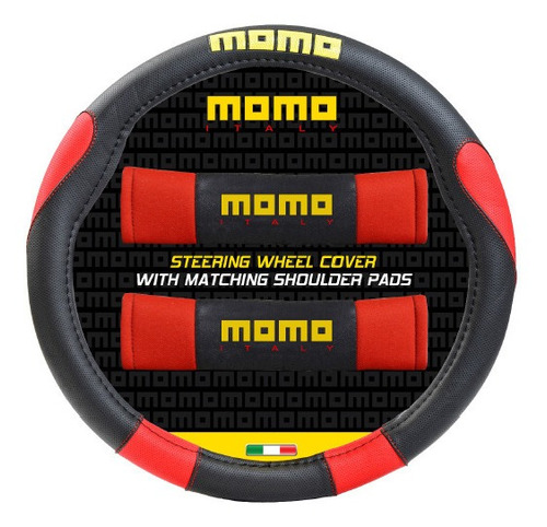 Cubre Volante Momo 006 Negro Y Rojo + Cubre Cinturon