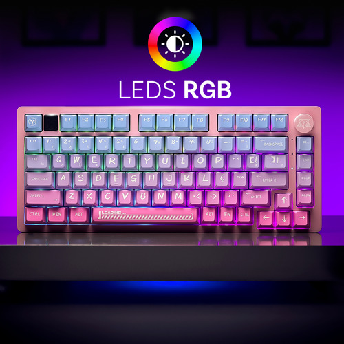 Teclado Mecânico Premium Adamantiun Akira Rgb Rosa Abnt2 Dynamic Spectrum Pbt 75% Switch Racoon Hotswap